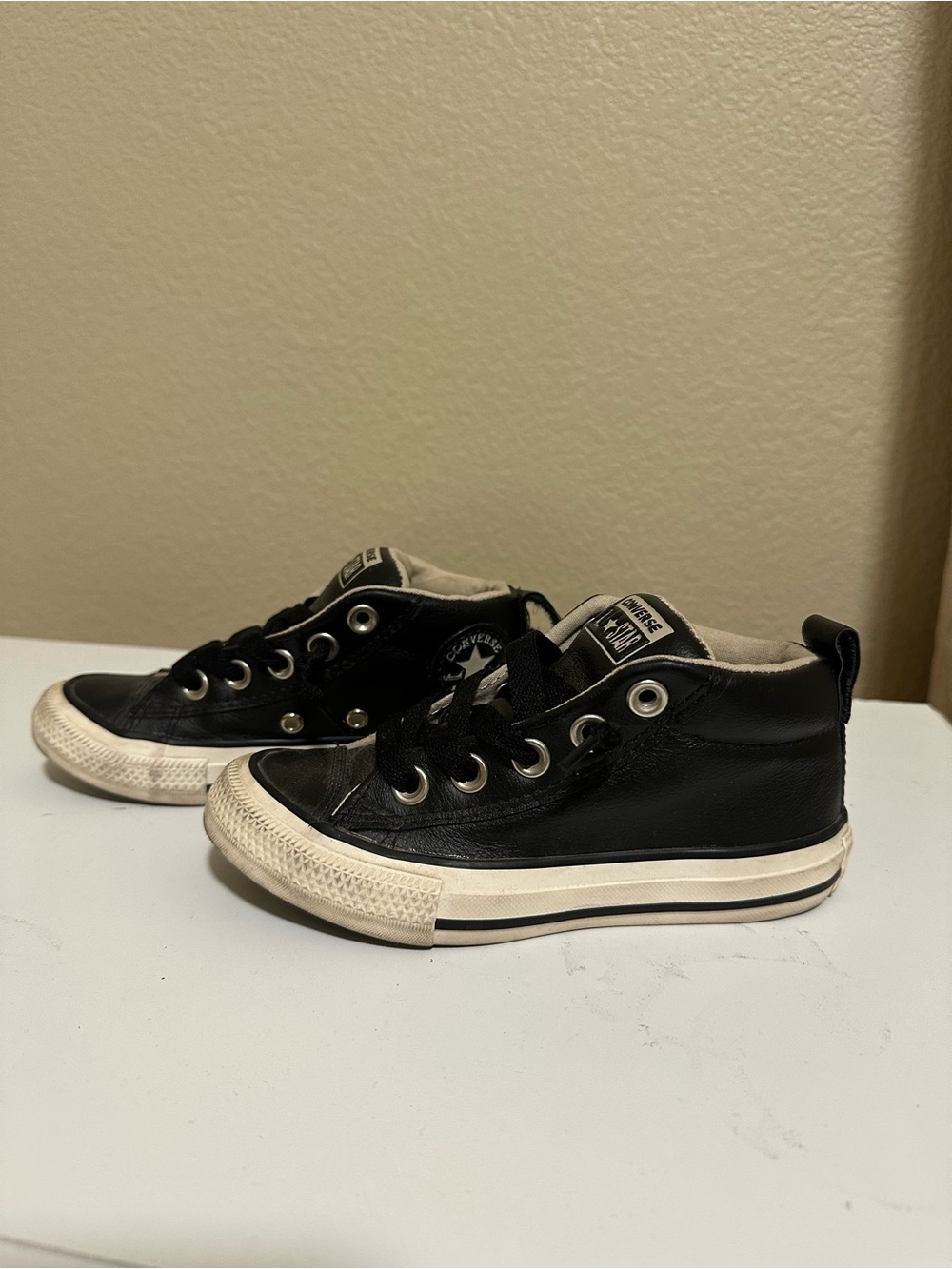Converse Kids Black Leather Low-Top Sneakers with White Trim